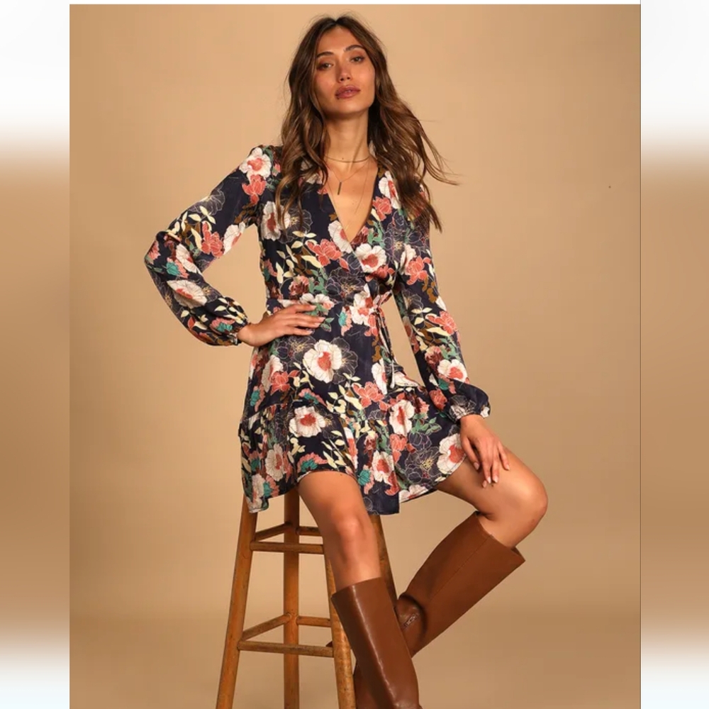 Lulu's So Splendid Navy Blue Floral Satin Long Sleeve Wrap Dress
